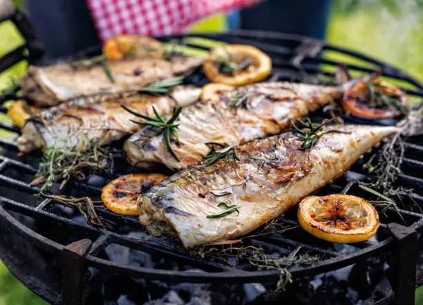 Grilled mackerel fish with the addition of herbs and lemon slices on the grill outdoors, close up view