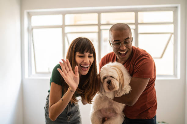 istock Young couple with dog doing a video call at home 1397371125