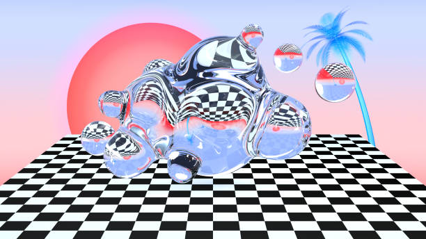 istock Vaporwave aesthetics landscape with checkered floor, water splash or glass bubbles, palm tree and a sunset. 80s or 90s styled surreal abstract background for vaporwave party or event invitaion. 1397371147