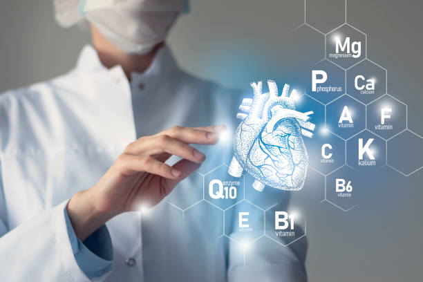 Set of main human organs with molecular grid, micronutrients and vitamins with doctor on blurry blue background. Heart organ. Essential nutrients for Heart health including Q10, Calcium, Magnesium, Vitamin F.Blurred portrait of doctor holding highlighted blue Heart. micronutrients stock pictures, royalty-free photos & images