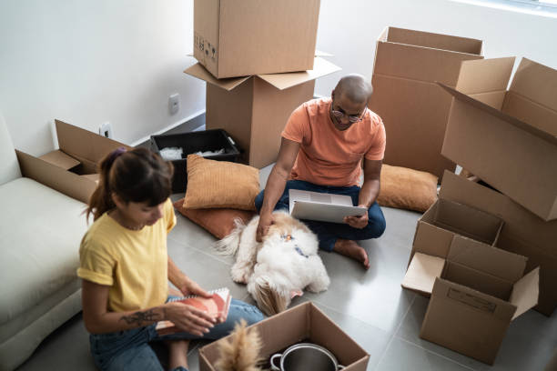 istock Young couple packing and moving boxes at home 1397373390