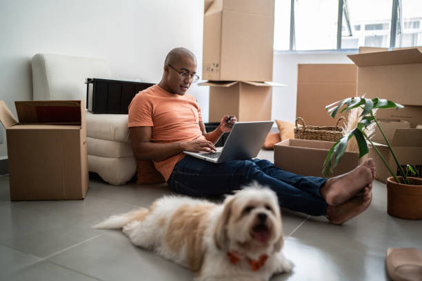 istock Young man doing online shopping using laptop at new home 1397373566