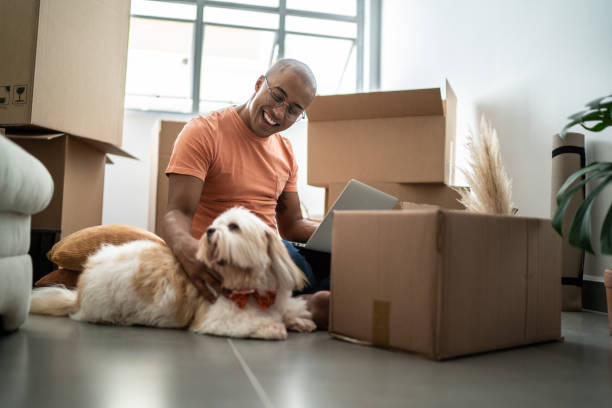 istock Young man using laptop, enjoying dog and moving house 1397373682
