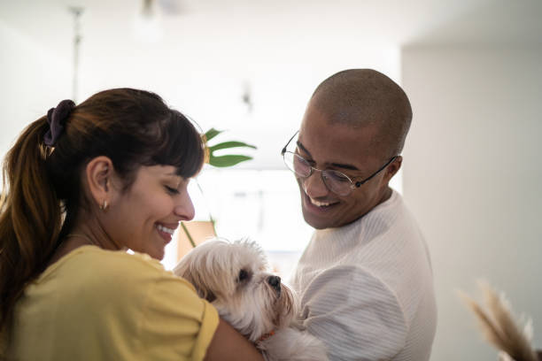 istock Young couple enjoying dog at home 1397373710