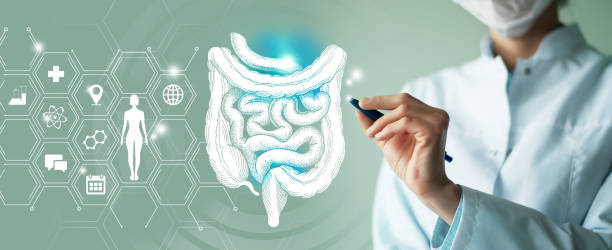 istock Unrecognizable female doctor holding graphic virtual visualization model of Intestine organ in hands. Multiple medical icons on the background. 1397374383