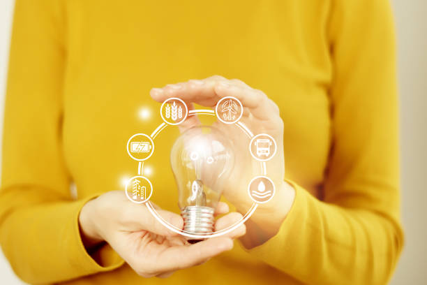 istock Woman hand holding light bulb with icons energy sources for renewable, sustainable development, save energy. 1397374428