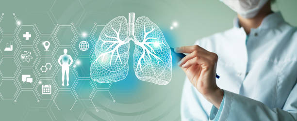 Unrecognizable female doctor holding graphic virtual visualization model of Lungs organ in hands. Multiple medical icons on the background. stock photo