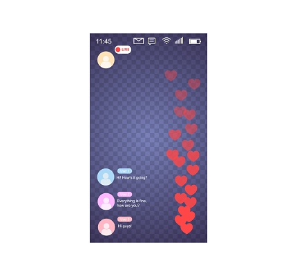 Mockup of mobile app with live like streaming. Interface photo frame design social media application network post template with flying multicolored hearts. Vector illustration for video chat, ui, web.