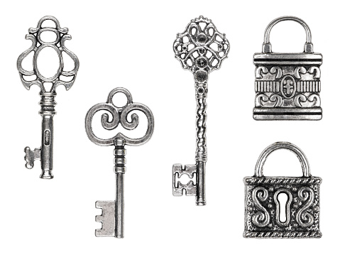 Set of vintage keys and locks isolated on white
