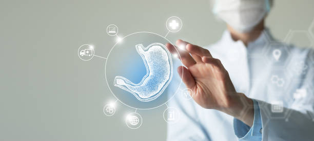 istock Unrecognizable female doctor holding graphic virtual visualization model of Stomach organ in hands. Multiple virtual medical icons. 1397377367