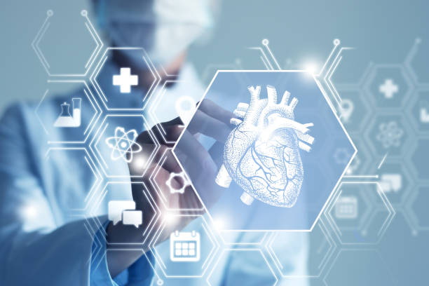 istock Unrecognizable female doctor holding graphic virtual visualization model of  Heart organ in hands. Multiple virtual medical icons. 1397377370