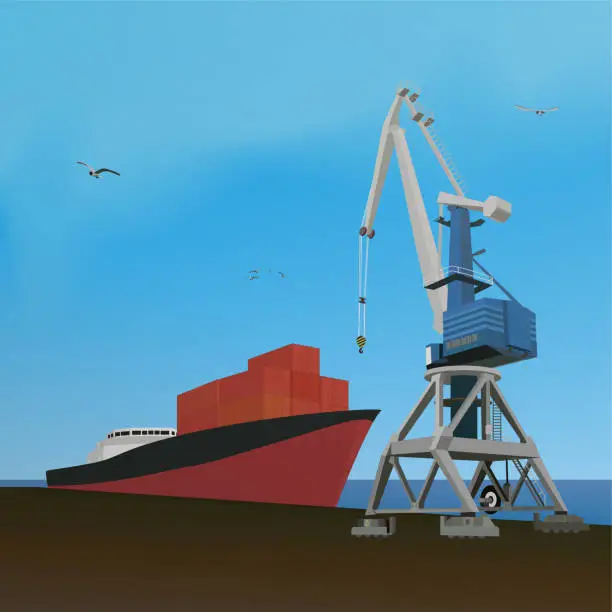 Vector illustration of Large cargo crane and ship with containers in port.