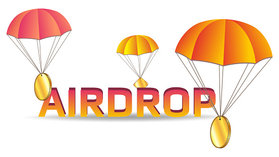 Big orange text Airdrop and parachutes with blank golden coins. Copy space for token logo isolated on white background. Distribution of free coins concept. Vector illustration.