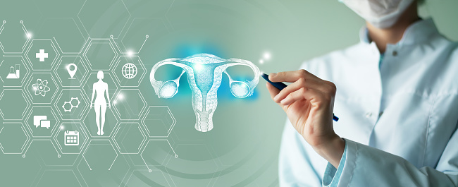 Telemedicine and human Uterus recovery concept. Turquoise color palette, copy space for text.