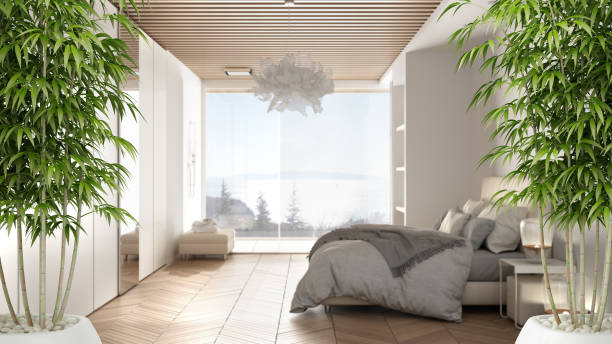 zen interior with potted bamboo plant, natural interior design concept, minimalist luxury bedroom with shower, double bed and window, contemporary modern architecture concept idea - fengshui imagens e fotografias de stock