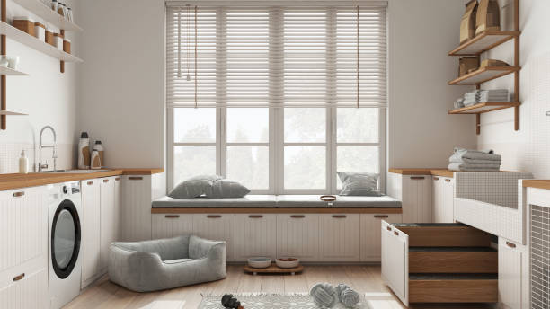 istock Space devoted to pet, scandinavian laundry room, wooden and white mudroom with window and sofa, dog bed, dog bath shower with ladder, accessories, shelves with food. Interior design 1397379528