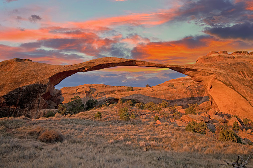The Landscape Arch in the Arches National Park in Utah, United States, looks like a thin bridge and is the longest natural arch in the park.