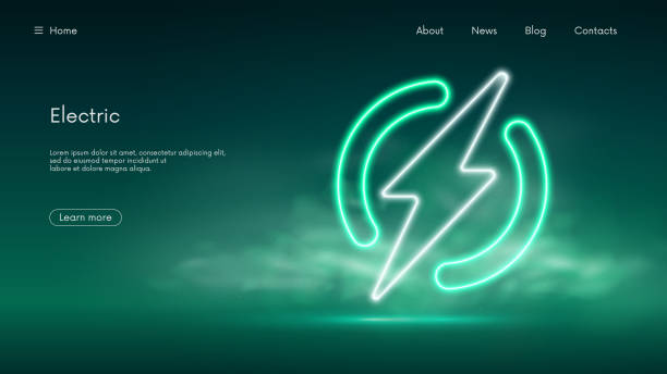 Electric power symbol, lightning bolt sign in the circle, green renewable energy concept, futuristic technology with turquoise neon glow in the smoke, vector business background vector art illustration