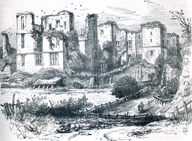 Kenilworth Castle, Warwickshire, England 19th Century Illustration Kenilworth Castle is a castle in the town of Kenilworth in Warwickshire, England which was founded during the Norman conquest of England; 

Kenilworth was the subject of the six-month-long siege in 1266, thought to be the longest siege in Medieval English history, formed a base for Lancastrian operations in the Wars of the Roses. Kenilworth was the scene of the removal of Edward II from the English throne, the perceived French insult to Henry V in 1414 of a gift of tennis balls and the Earl of Leicester's lavish reception of Elizabeth I in 1575. It has been described as "one of two major castles in Britain which may be classified as water-castles or lake-fortresses...".

The castle was built over several centuries. Founded in the 1120s around a powerful Norman great tower, the castle was significantly enlarged by King John at the beginning of the 13th century. kenilworth castle stock illustrations