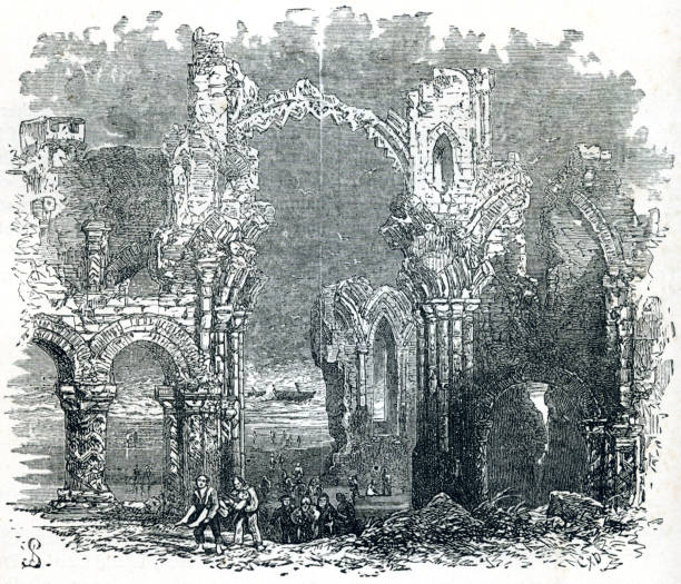 Lindisfarne Abbey Priory, Northumberland England 19th Century illustration Lindisfarne, also called Holy Island, a tidal island off northeast coast of England, the civil parish of Holy Island in Northumberland. Holy Island has a recorded history from the 6th century AD

The monastery of Lindisfarne was founded around 634 by Irish monk Saint Aidan. The priory was founded before the end of 634 and Aidan remained there until his death in 651.

The priory remained the only seat of a bishopric in Northumbria for nearly thirty years. lindisfarne monastery stock illustrations