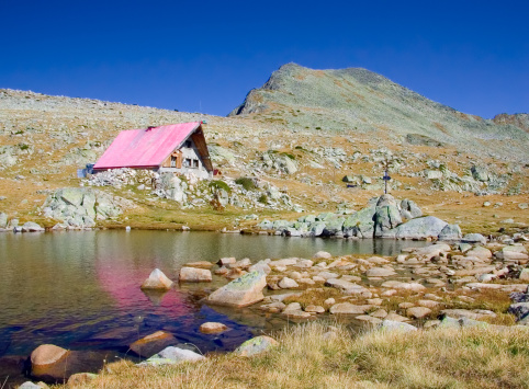 A cabin and a glacial lake up in national park Pirin, Bulgaria