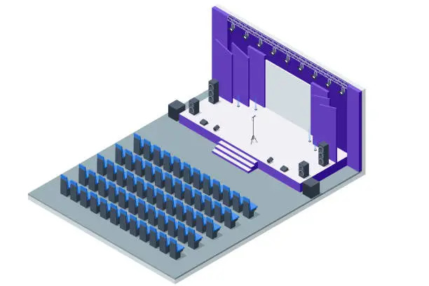 Vector illustration of Room for press conferences. Isometric stand for press conference with microphones, equipped place for the speaker in front of journalists.