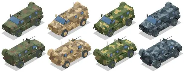 Vector illustration of Isometric Mine-Resistant Ambush Protected. United States military light tactical vehicles produced as part of the MRAP. Designed to withstand improvised explosive device attacks and ambushes.