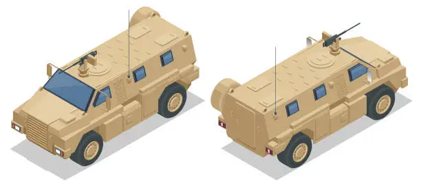 Vector illustration of Isometric Mine-Resistant Ambush Protected. United States military light tactical vehicles produced as part of the MRAP. Designed to withstand improvised explosive device attacks and ambushes.
