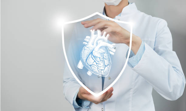 istock Unrecognizable female doctor holding shield and graphic virtual visualization of  Heart organ in hands. 1397381748