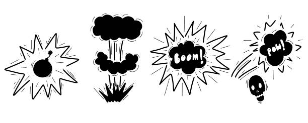 stockillustraties, clipart, cartoons en iconen met sketch explosion. hand drawn explosion, boom, nuclear mushroom bomb element. doodle sketch style. vector illustration isoletad on white. - rucola