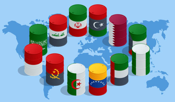 석유 수출국의 아이소메트릭 조직, opec입니다. 석유 생산. 세계 정치지도에 opec의 국가 memebers의 국가의 깃발의 색깔에 있는 기름 배럴 - opec stock illustrations