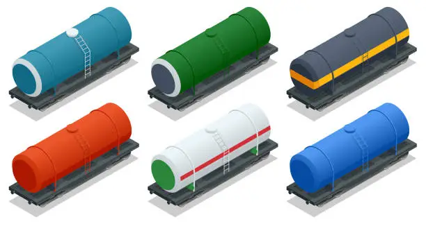 Vector illustration of Isometric Rail Oil Gasoline Tanker Car. Cargo Freight Forwarding Transport. Railway tank for fuel. Rail freight transportation. Railway tank for transportation of petroleum products.