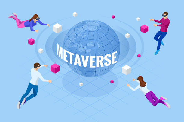 Isometric metaverse concept. Network of 3D virtual worlds focused on social connection. Internet as a single, universal virtual world. Virtual reality vector art illustration