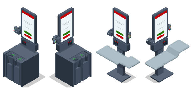 Isometric Self-service checkout. Self-checkout machines in a supermarket, Supermarket cashier checkout work place with card payment terminal Isometric Self-service checkout. Self-checkout machines in a supermarket, Supermarket cashier checkout work place with card payment terminal. quick service restaurant cashier stock illustrations