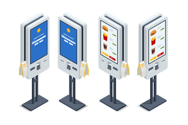 Isometric Self-Service Desk with Touch Screen and Payment Terminal Isolated on White Background. Modern Technologies. Payment Terminal in Fast Food Restaurant Isometric Self-Service Desk with Touch Screen and Payment Terminal Isolated on White Background. Modern Technologies. Payment Terminal in Fast Food Restaurant. quick service restaurant cashier stock illustrations