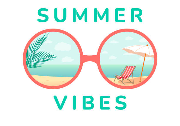 ilustraciones, imágenes clip art, dibujos animados e iconos de stock de vibraciones de playa de verano. tumbonas de gafas de reflexión bajo una sombrilla en una playa tropical. adecuado para imprimir en camisetas, carteles, tarjetas, etiquetas, tazas y otros regalos. - aura