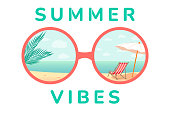 Summer beach vibes. Sun lounger reflection glasses under an umbrella on a tropical beach. Suitable for printing on t-shirts, posters, cards, labels, mugs and other gifts.