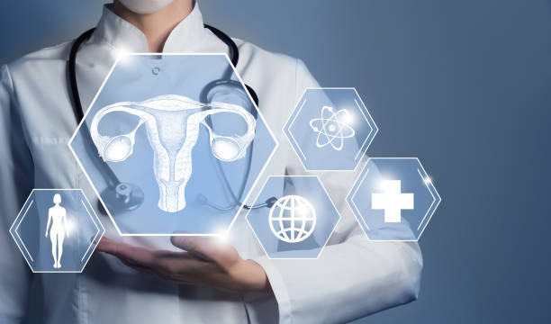 istock Unrecognizable female doctor holding graphic virtual visualization model of Uterus organ in hands. Multiple medical icons on the background. 1397383401
