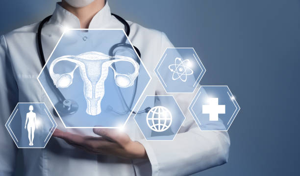 Unrecognizable female doctor holding graphic virtual visualization model of Uterus organ in hands. Multiple medical icons on the background. Telemedicine and human Uterus recovery concept. Blue color palette, copy space for text. polycystic ovary syndrome photos stock pictures, royalty-free photos & images