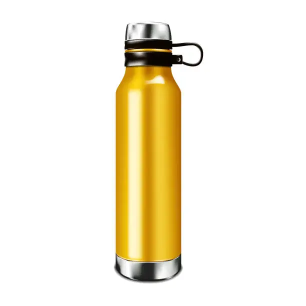 Vector illustration of Blank insulated water bottle isolated on white background, realistic vector mock-up. Stainless steel color shiny metal sport flask, mockup. Template for design