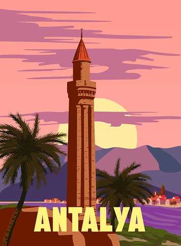 Antalya retro landmark poster, Turkey resort. Vintage touristic travel postcard, placard, vector illustration isolated