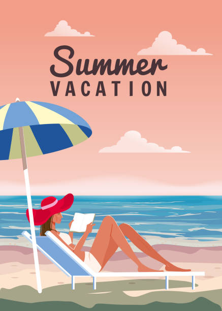 Summer Vacation woman in chaise lounge with book in the red hat under umbrella on the beach, coast tropical resort, palms, ocean. Retro poster Summer Vacation woman in chaise lounge with book in the red hat under umbrella on the beach, coast tropical resort, palms, ocean. Retro poster vacation, vector, illustration isolated red beach chairs stock illustrations