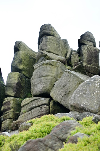 Rock formation of gritstone in Peak District with foliage in foreground.