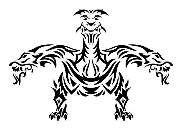 Vector illustration of Tribal tattoo art with black three headed monster
