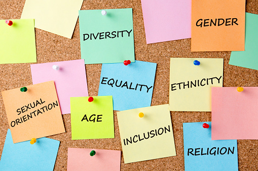 Diversity, Equality, Inclusion, Age, Ethnicity, Sexual Orientation, Gender, Religion write on a sticky notes pinned to a cork board.