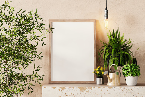 Blank wooden art frame with light bulb and plant pots mockup. 3D rendering