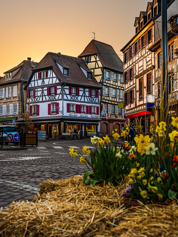 Obernai streets with beautiful historical german architecture colorful houses during spring