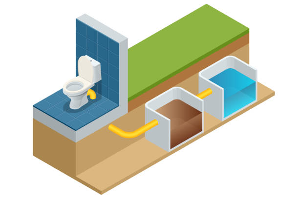 ilustrações, clipart, desenhos animados e ícones de fossa séptica isométrica. câmara subterrânea feita de concreto, fibra de vidro ou plástico através da qual o esgoto doméstico flui para tratamento básico. - baffle