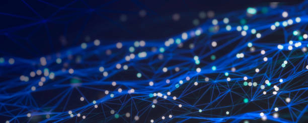 istock Abstract futuristic connecting dots and lines on dark blue background. Digital technology concept. Big data visualization. Digital dynamic wave of particles. 3D illustration. 1397389261