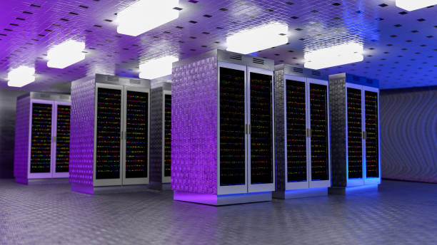 servers. servers room data center. backup, mining, hosting, mainframe, farm and computer rack with storage information. 3d rendering - network server rack data center in a row imagens e fotografias de stock